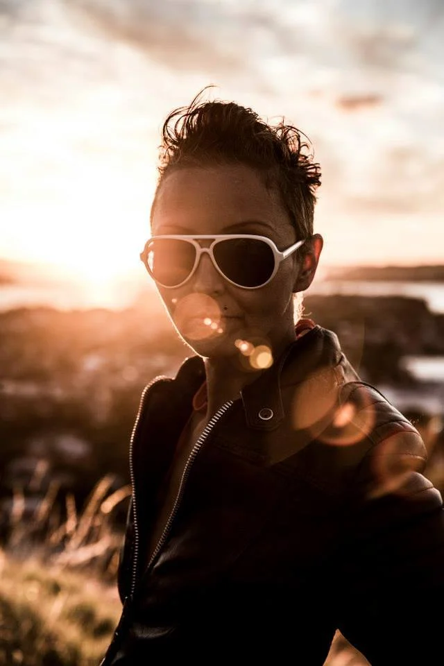 Margita in sunglasses, photographed in evening light